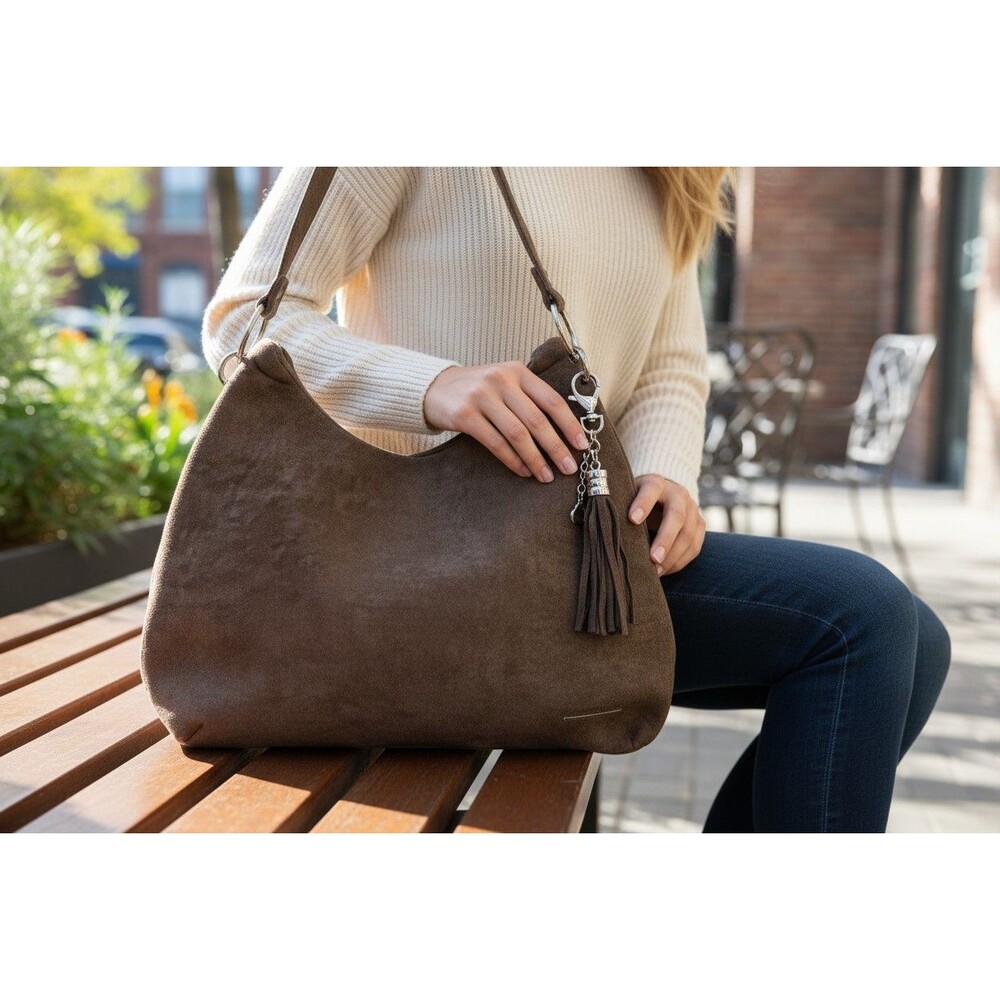 Bella Russo Soft Slouch Brown Shoulder Bag Tassel Heart Charm Silver Hardware